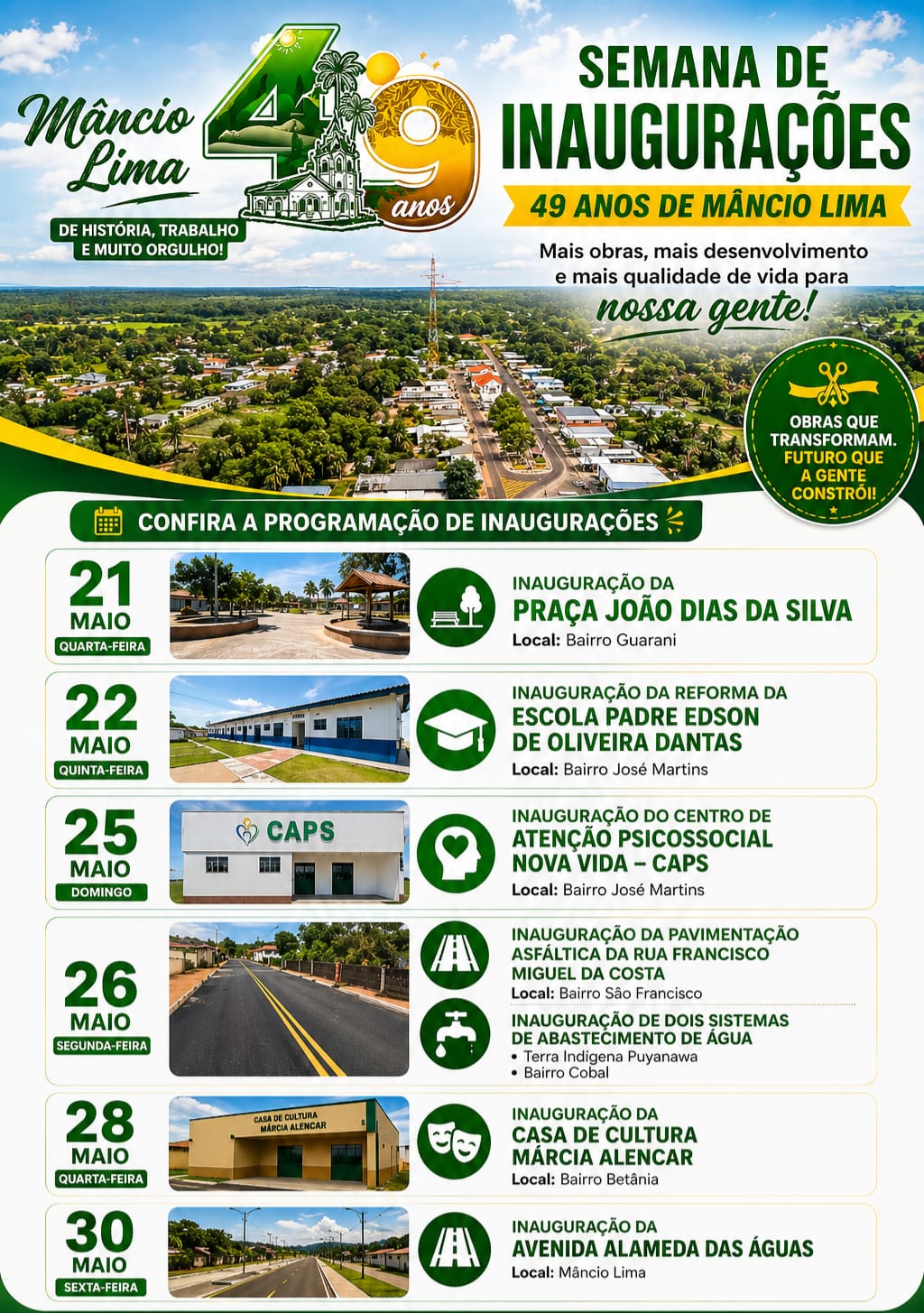 Semana de aniversário de Mâncio Lima terá série de inaugurações de obras e investimentos públicos