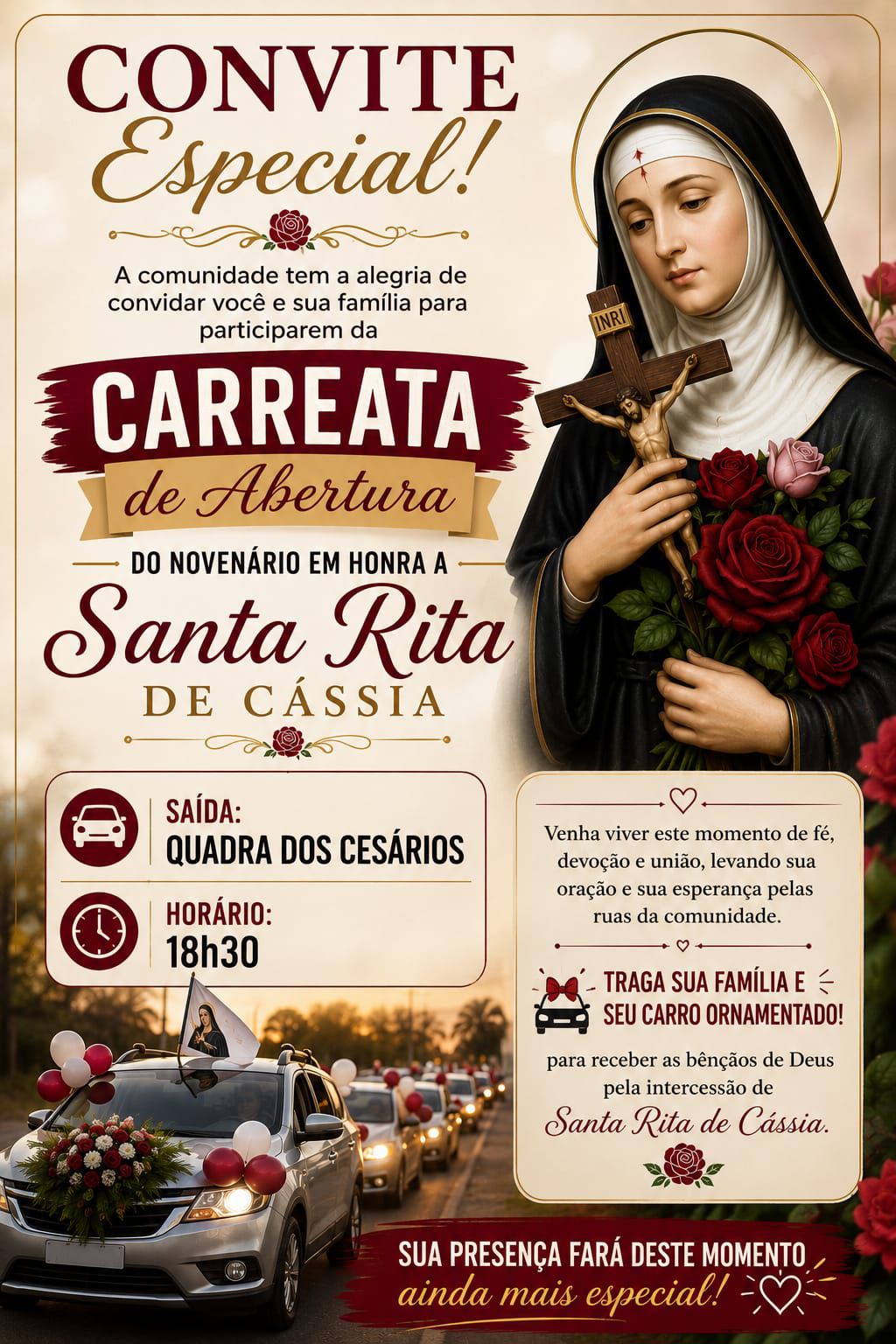 Início do Novenário de Santa Rita de Cássia reúne fiéis em carreata de fé e devoção