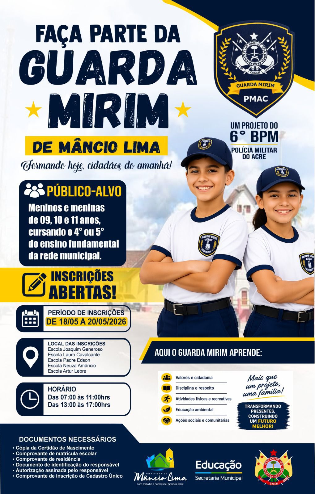 Prefeitura de Mâncio Lima inicia inscrições para projeto Guarda Mirim voltado a crianças da rede municipal