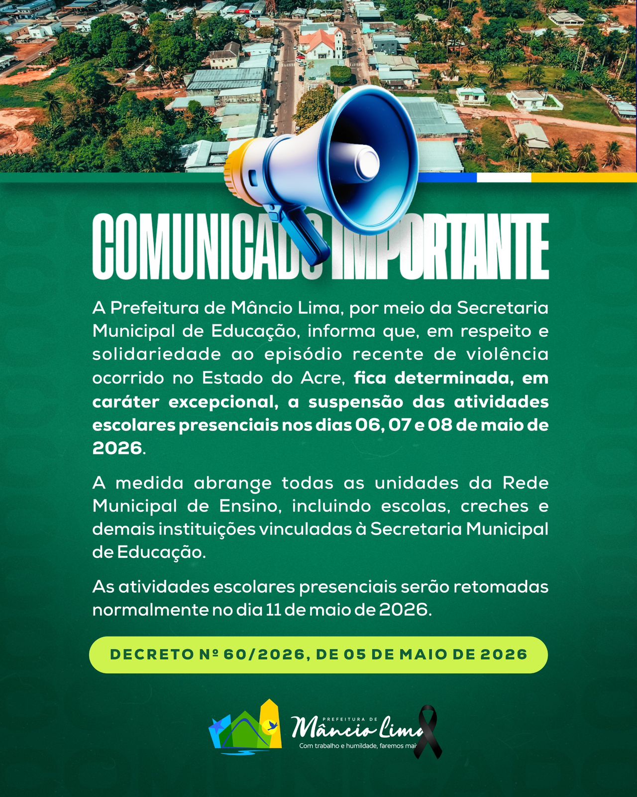 Prefeitura de Mâncio Lima suspende aulas presenciais por três dias após episódio de violência no estado