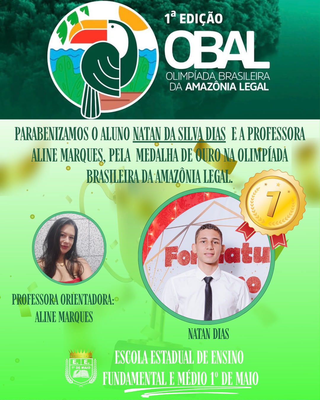 Aluno da Escola 1º de Maio em Mâncio Lima conquista medalha de ouro na Olimpíada Brasileira da Amazônia Legal