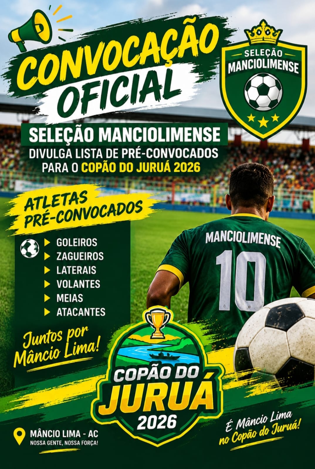 Seleção Manciolimense divulga lista de pré-convocados para o Copão do Juruá 2026