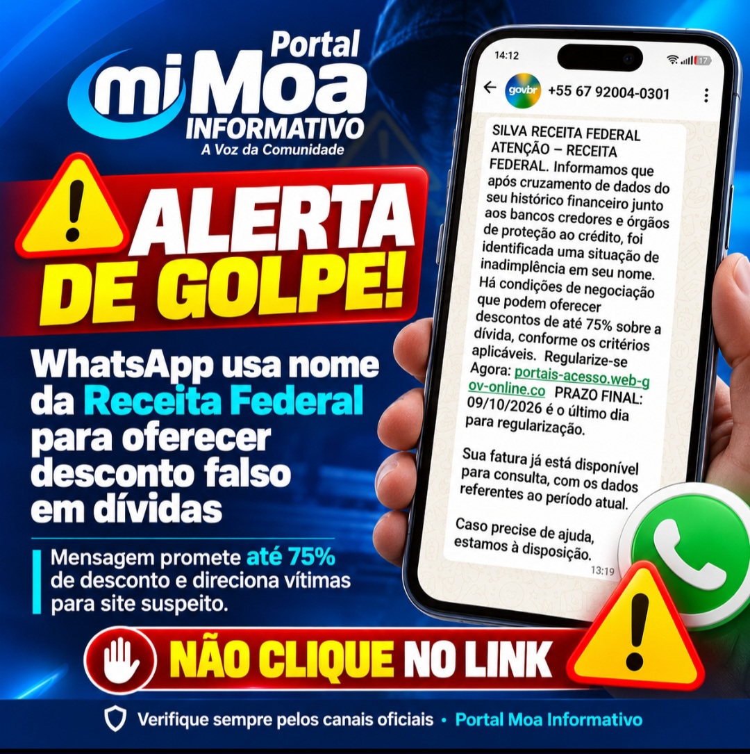 ALERTA DE GOLPE: mensagem no WhatsApp usa nome da Receita Federal para oferecer desconto de 75% em dívidas
