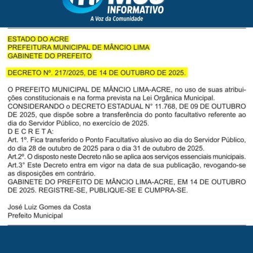 Prefeitura de Mâncio Lima transfere ponto facultativo do dia do Servidor Público para 31 de outubro