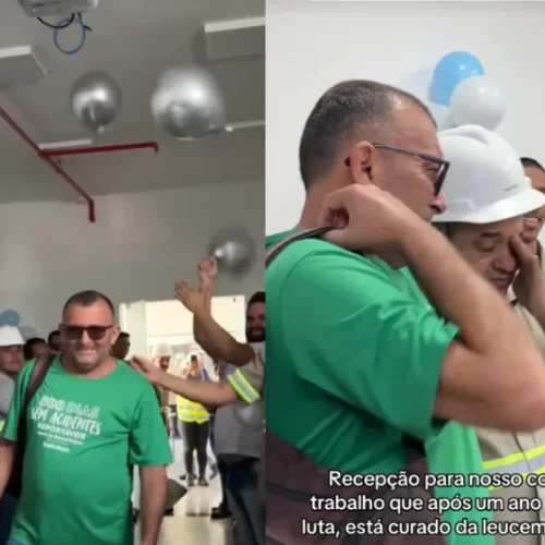 Funcionário curado da leucemia é recebido com festa na firma; 1 ano afastado