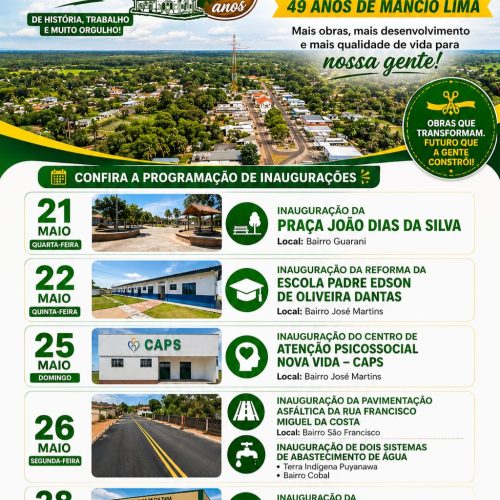 Semana de aniversário de Mâncio Lima terá série de inaugurações de obras e investimentos públicos
