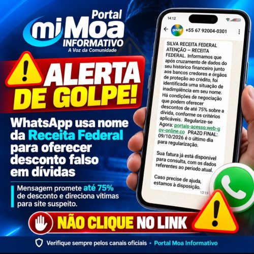ALERTA DE GOLPE: mensagem no WhatsApp usa nome da Receita Federal para oferecer desconto de 75% em dívidas