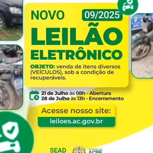 Acre terá leilão eletrônico de veículos recuperáveis a partir de segunda (21)
