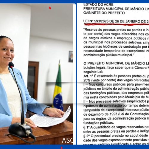 Lei de autoria da vereadora Reziane Barros torna Mâncio Lima o primeiro município do Acre a adotar cotas em concursos públicos