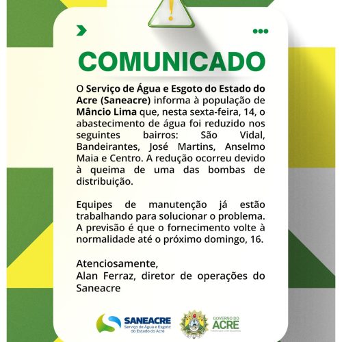 Abastecimento de água em Mâncio Lima é reduzido devido a problema em bomba de distribuição