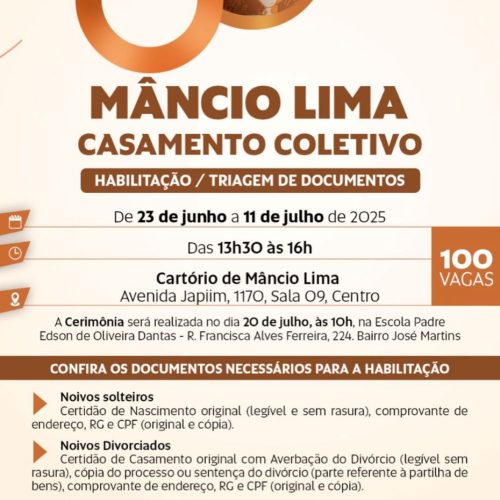 Projeto Cidadão realiza casamento coletivo em Mâncio Lima com 100 vagas disponíveis