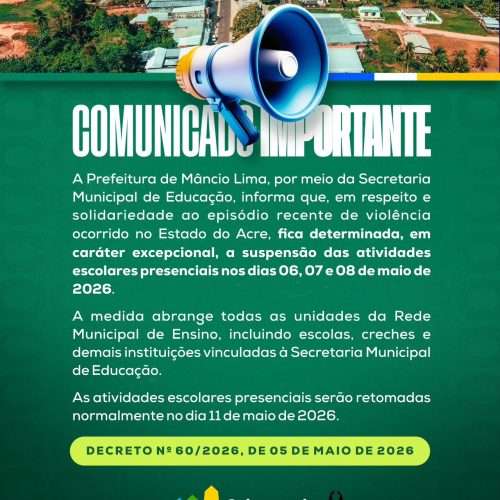 Prefeitura de Mâncio Lima suspende aulas presenciais por três dias após episódio de violência no estado