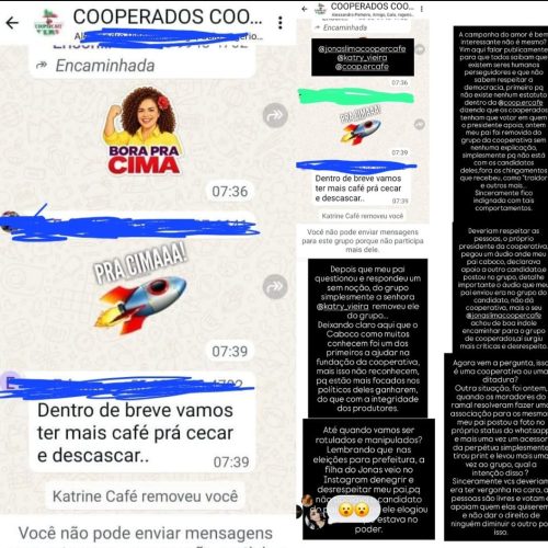 Produtor de café denuncia ter sido removido de grupo de cooperados da Coopercafé após divergência política